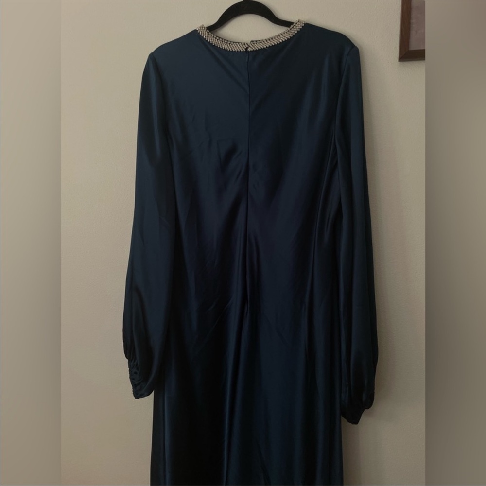 Mac Duggal Blue Beaded High Neck Bishop Sleeve Satin Gown - Picture 10 of 13